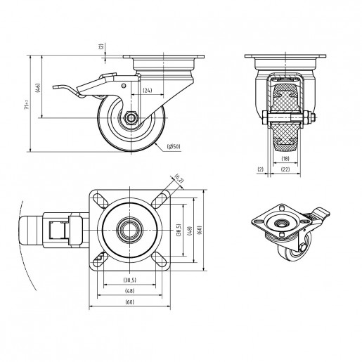 67 F PU NI/050/18/1/P  Stainless Steel Swivel Castor c/w Brake