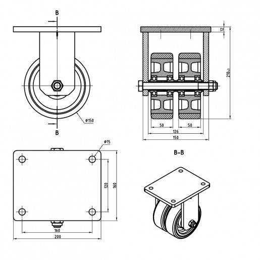 192 D/150/50/5 Heavy Duty Fixed with Pevopur Wheel