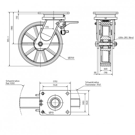 191 F PD-S/250/60/5R Heavy Duty Swivel Castor with Pevodyn Soft Wheel